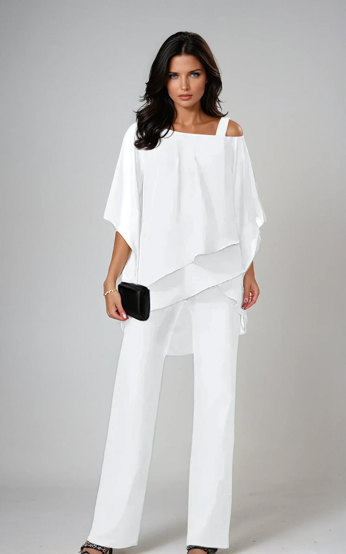 Two-piece layered top and wide-leg pants set in white