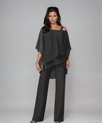 Two-piece layered top and wide-leg pants set in black