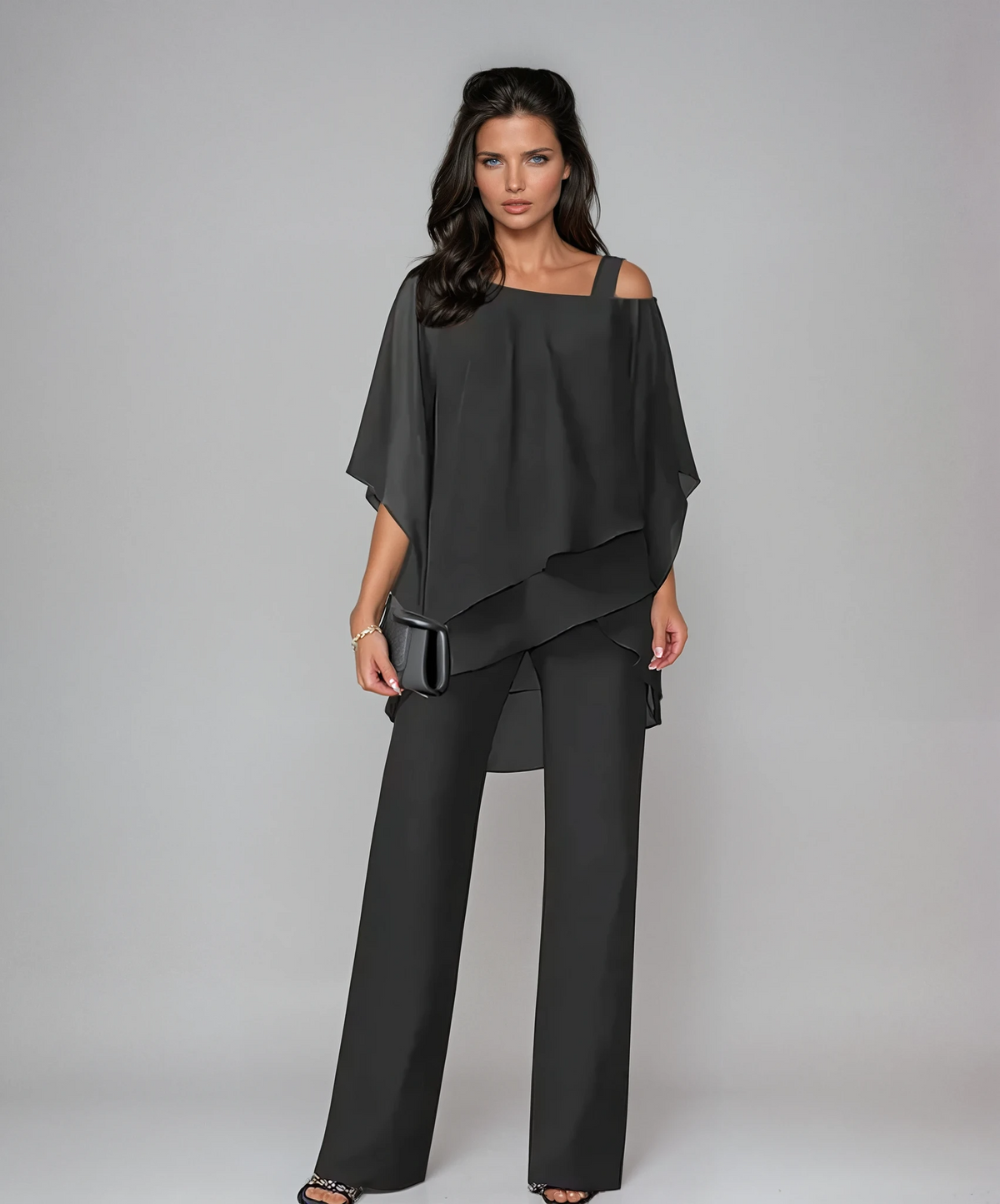 Two-piece layered top and wide-leg pants set in black