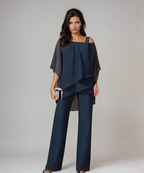 Two-piece layered top and wide-leg pants set in navy blue