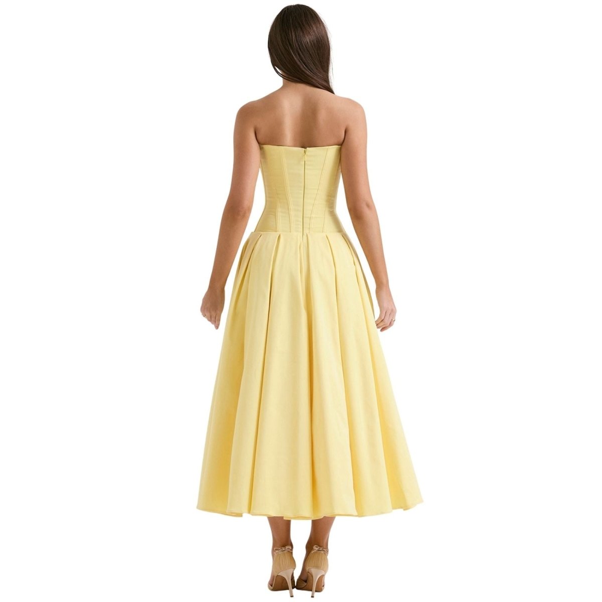 Strapless Boned Corset Midi Dress Voluminous Skirt
