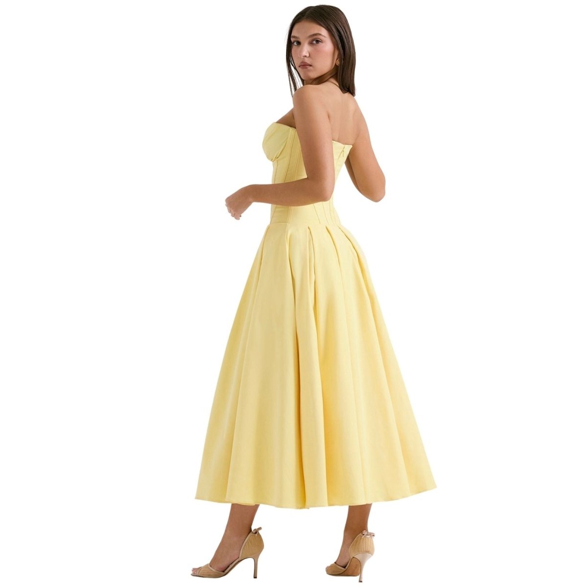 Strapless Boned Corset Midi Dress Voluminous Skirt