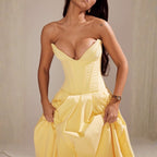 Strapless Boned Corset Midi Dress Voluminous Skirt