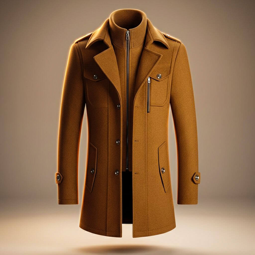 Men's classic virgin wool blend winter coat in cognac brown