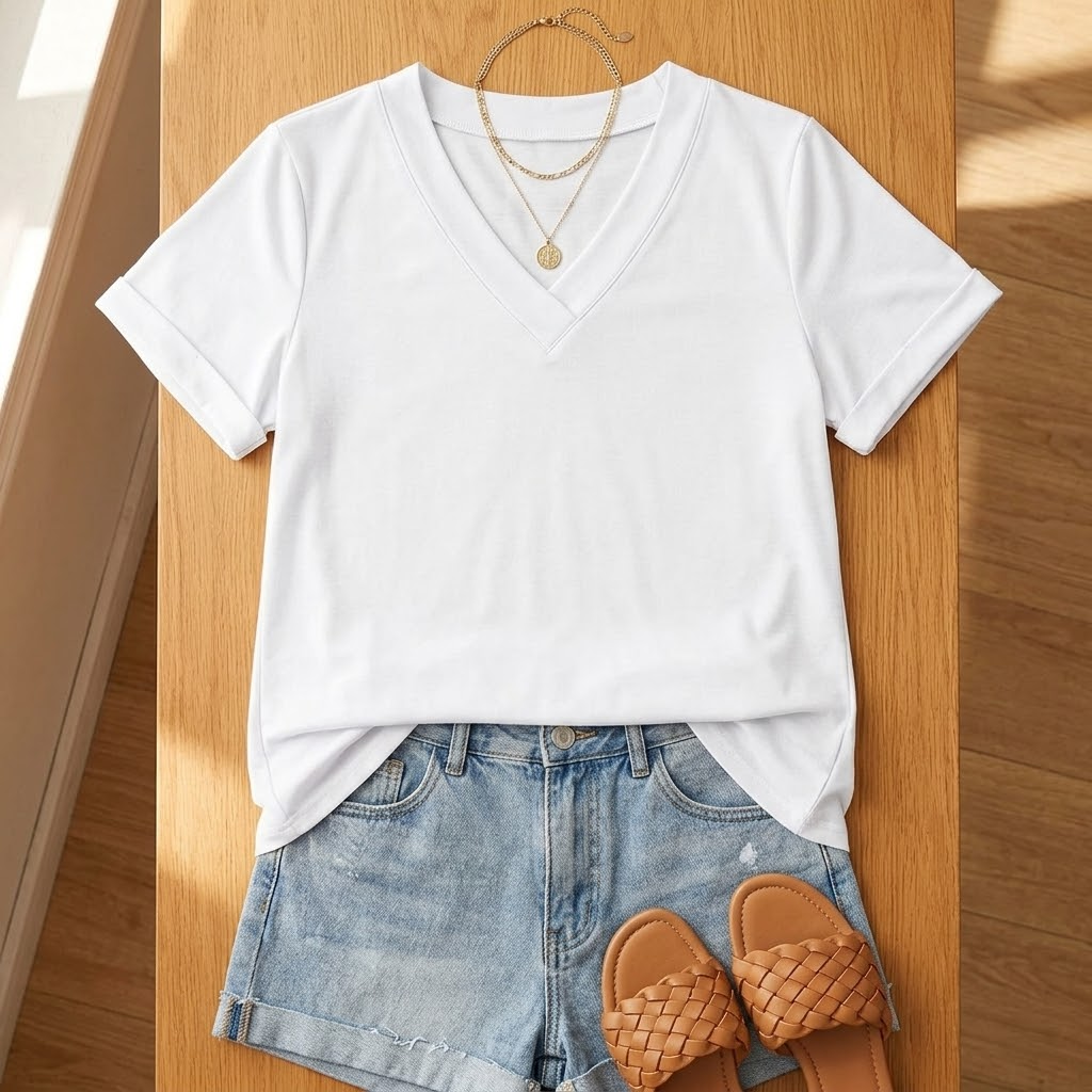 Casual V neck tee with rolled cuffs