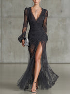 Women's Wedding Guest Lace Maxi Dress with Long Sleeves