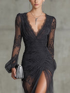 Women's Wedding Guest Lace Maxi Dress with Long Sleeves