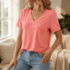 Casual V neck tee with rolled cuffs in pink