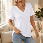 Casual V neck tee with rolled cuffs in white