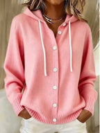 Hooded long sleeve knit cardigan with drawstring in pink