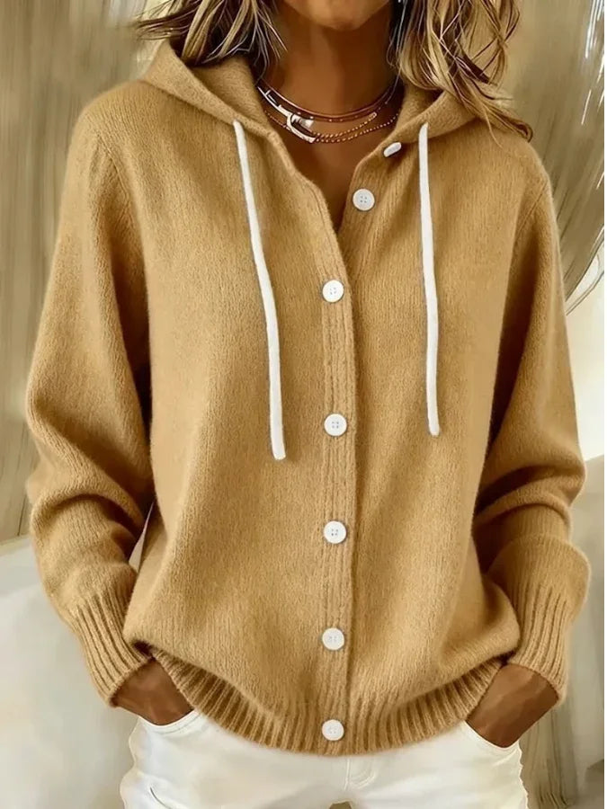 Hooded long sleeve knit cardigan with drawstring in khaki