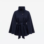 Belted cape coat with stand collar and batwing sleeves in navy