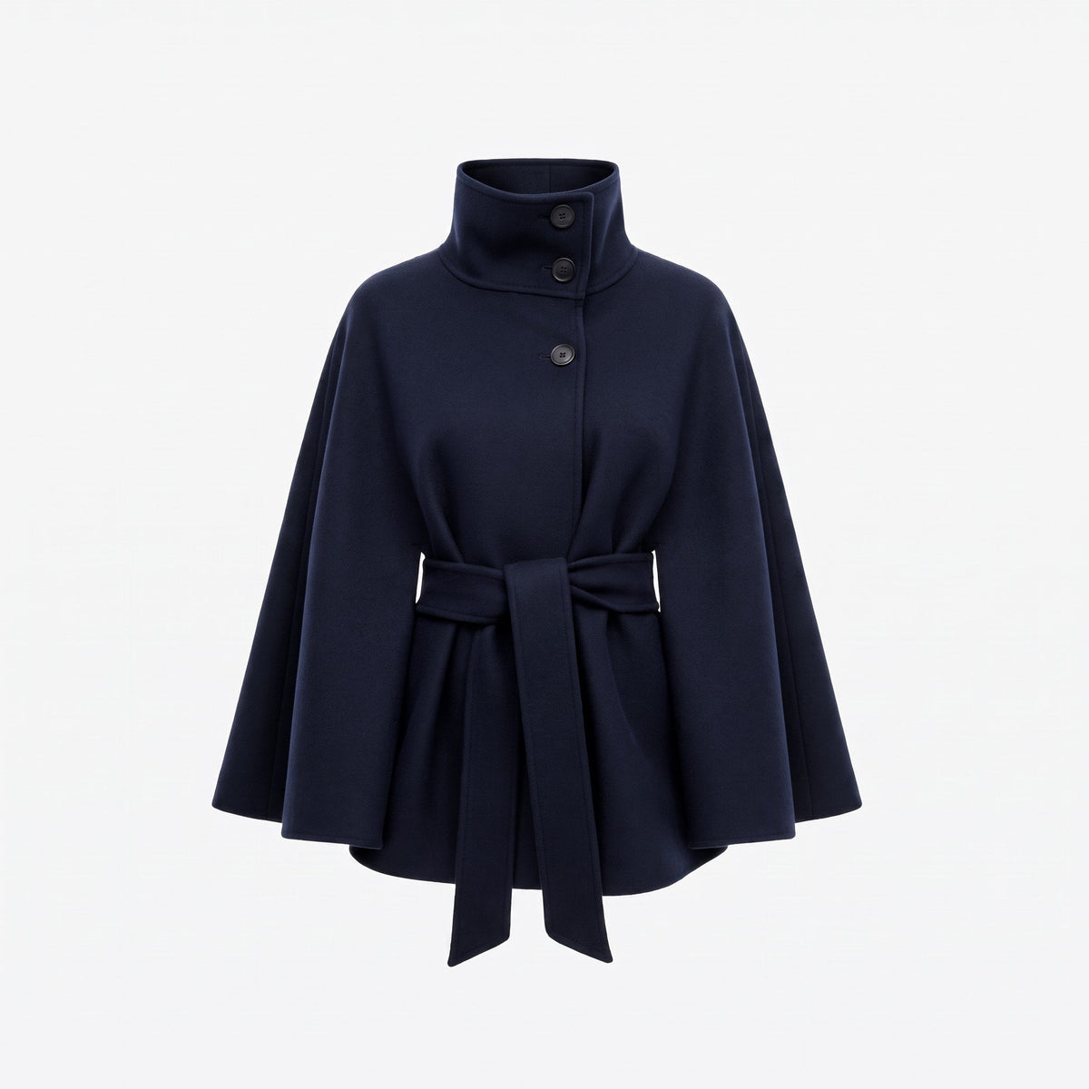 Belted cape coat with stand collar and batwing sleeves in navy
