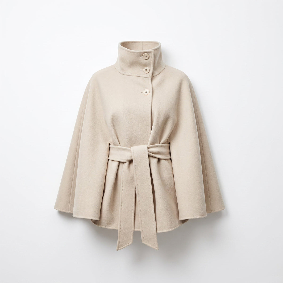 Belted cape coat with stand collar and batwing sleeves in white