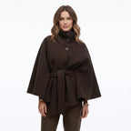 Belted cape coat with stand collar and batwing sleeves