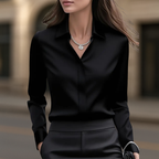 Women's collared satin button front blouse in black
