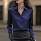 Women's collared satin button front blouse in navy