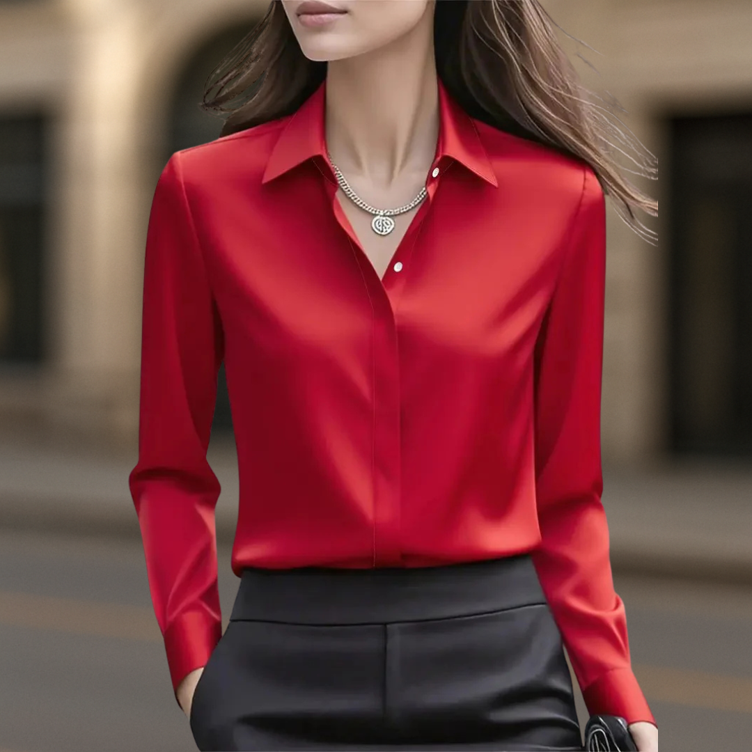 Women's long sleeve collared button front satin blouse in red