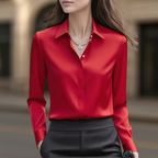 Women's collared satin button front blouse in red