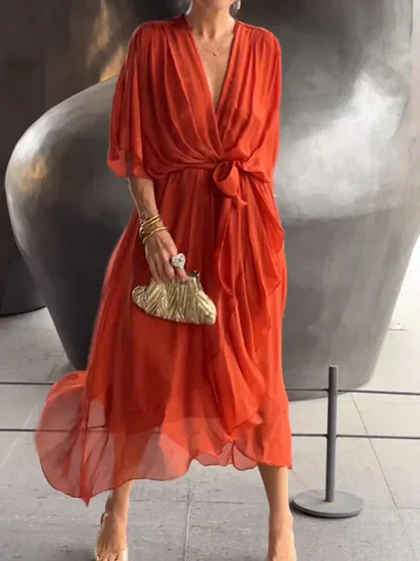 Women's Silk V-Neck Flowing Dress
