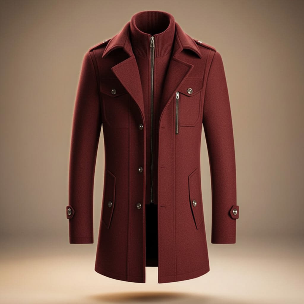 Men's classic virgin wool blend winter coat in crimson red