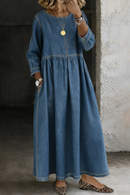 Women's Long Sleeve Denim Maxi Dress with Pockets