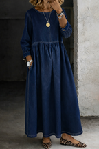 Women's Long Sleeve Denim Maxi Dress with Pockets