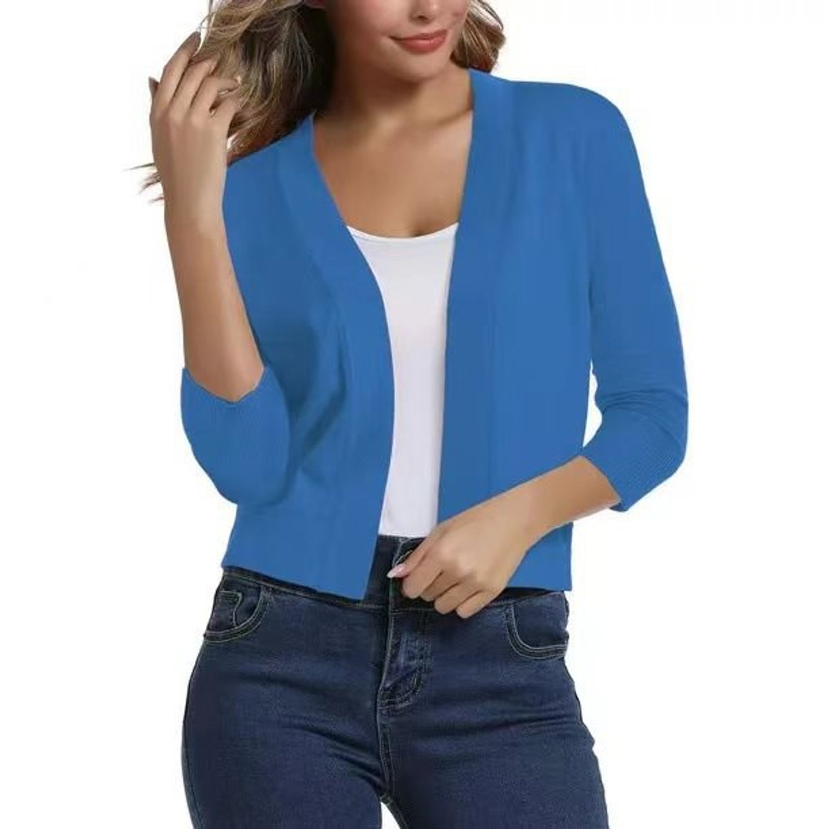 Open front cropped cardigan sweater in blue