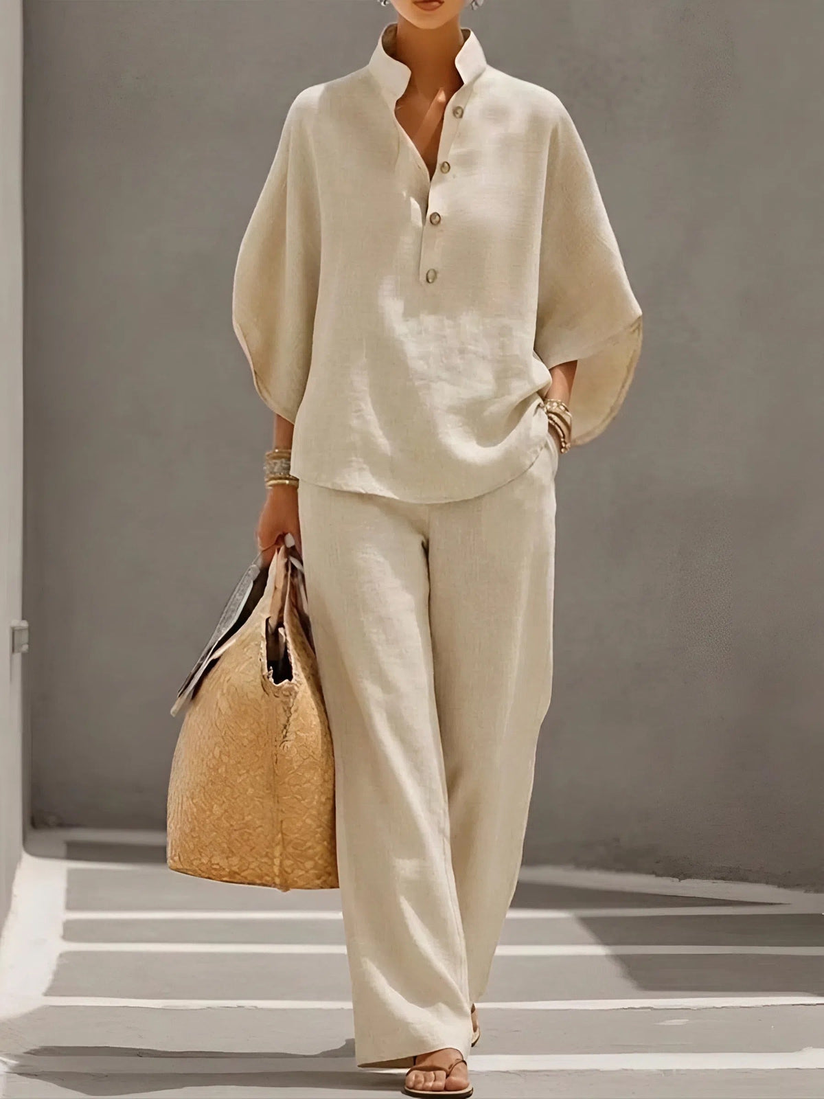 Women's Two-Piece Set Collared Blouse with Wide-Leg Trousers