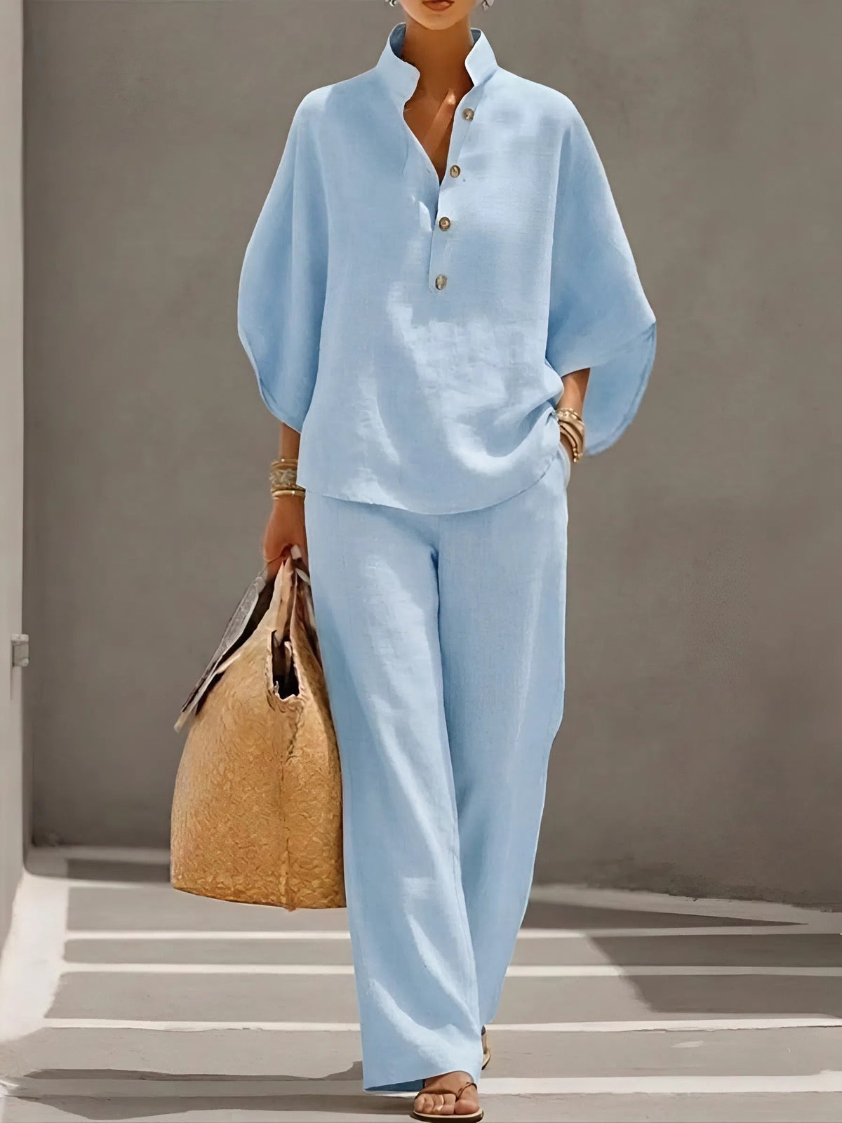 Women's Two-Piece Set Collared Blouse with Wide-Leg Trousers