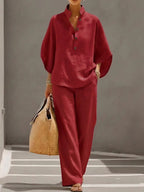 Women's Two-Piece Set Collared Blouse with Wide-Leg Trousers