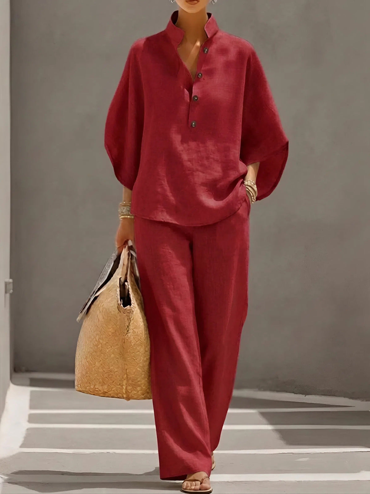 Women's Two-Piece Set Collared Blouse with Wide-Leg Trousers