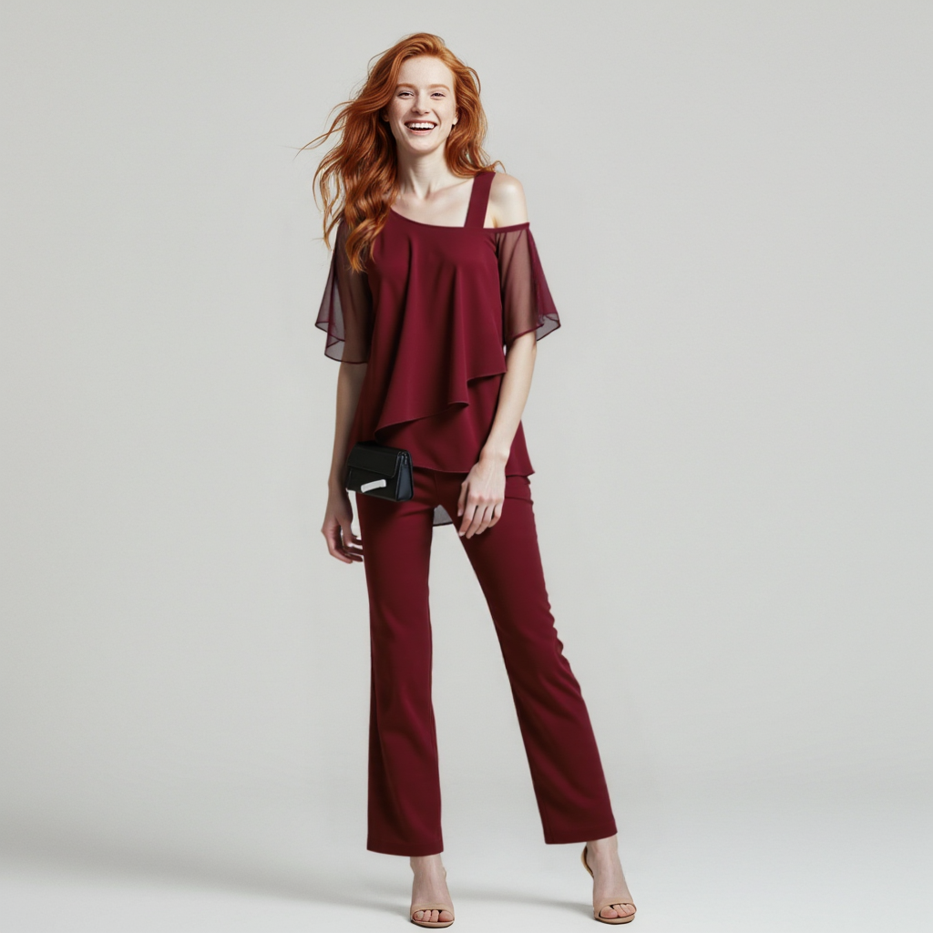 Two-Piece Cold Shoulder Top and Long Trouser Set