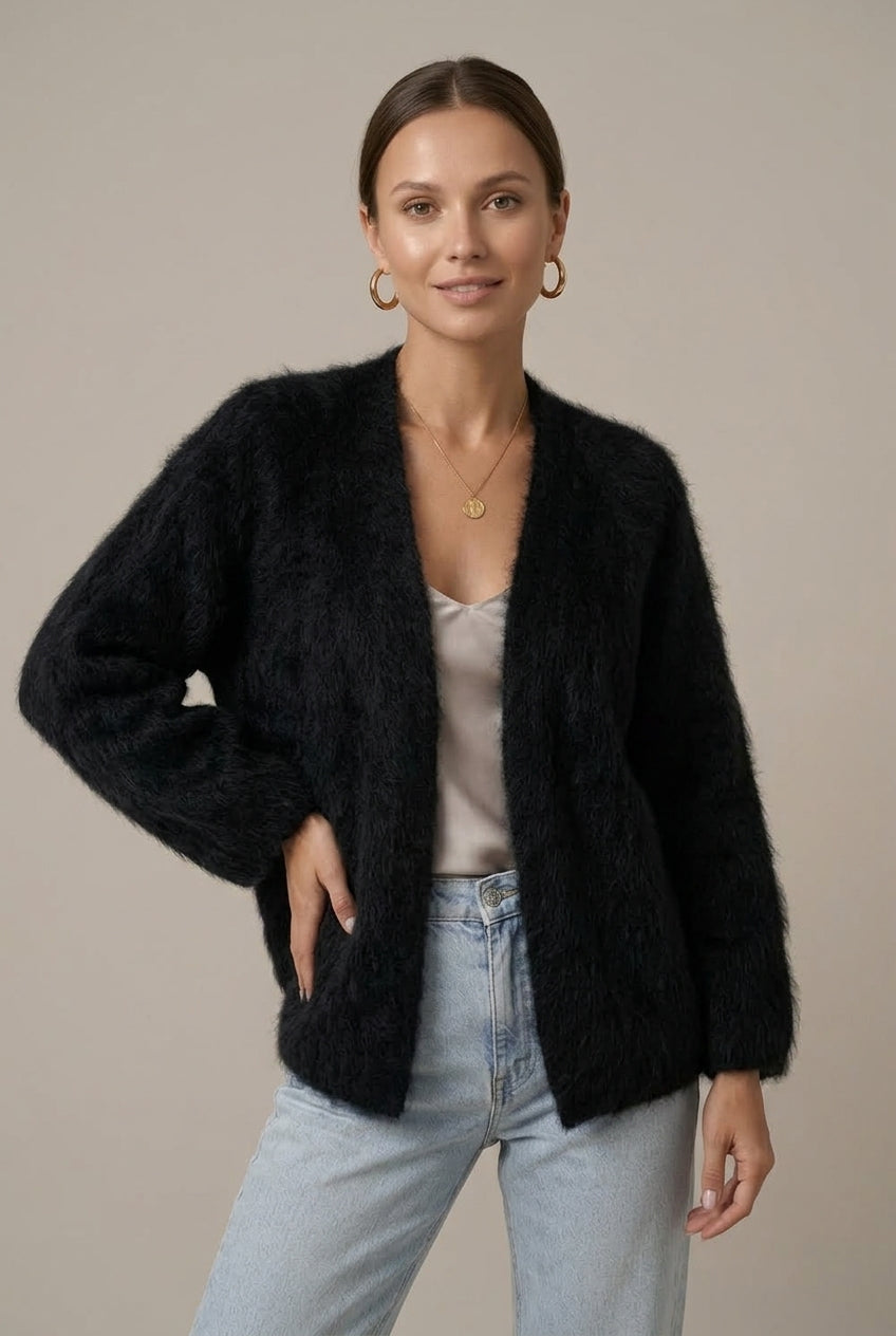 Plush alpaca knit cardigan in black
