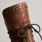 Studded lace-up mid-calf leather boots with block heel