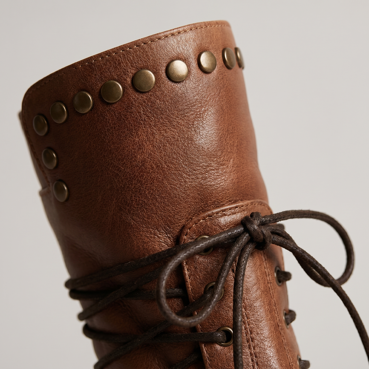 Studded lace-up mid-calf leather boots with block heel
