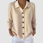 Women's casual long sleeve collared button down cardigan in apricot