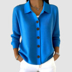 Women's casual long sleeve collared button down cardigan in blue