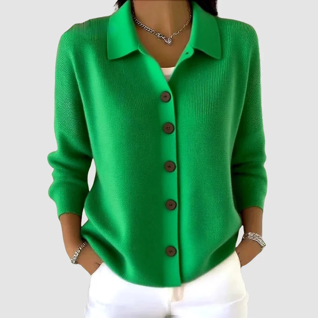 Women's casual long sleeve collared button down cardigan in green