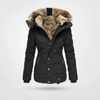 Women's hooded puffer jacket with fur trim and fleece lining in black