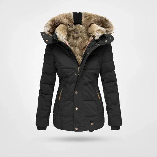 Women's hooded puffer jacket with fur trim and fleece lining in black