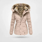 Women's hooded puffer jacket with fur trim and fleece lining in pink