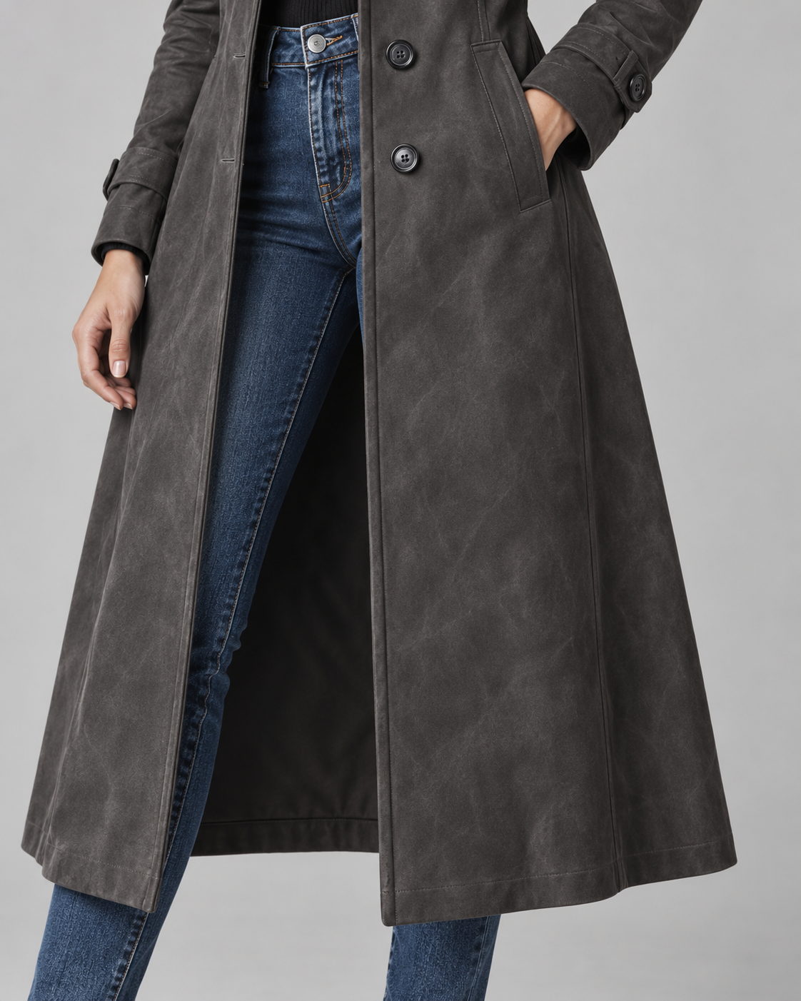 Long faux suede a-line coat with notch lapel